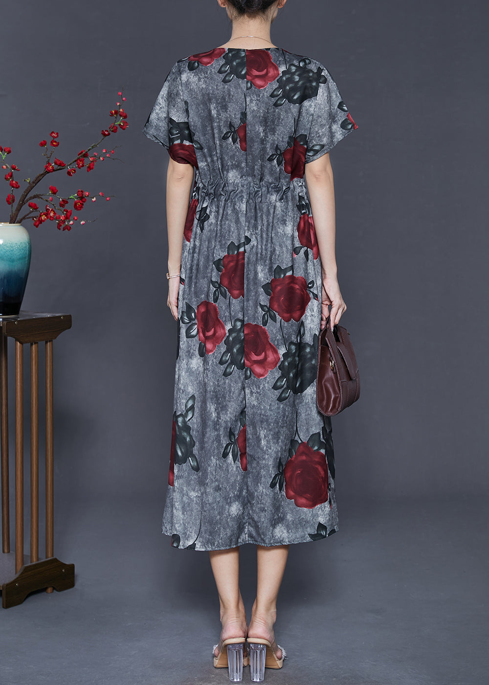 French Grey Tie Dye Cotton Cinched Dress Summer