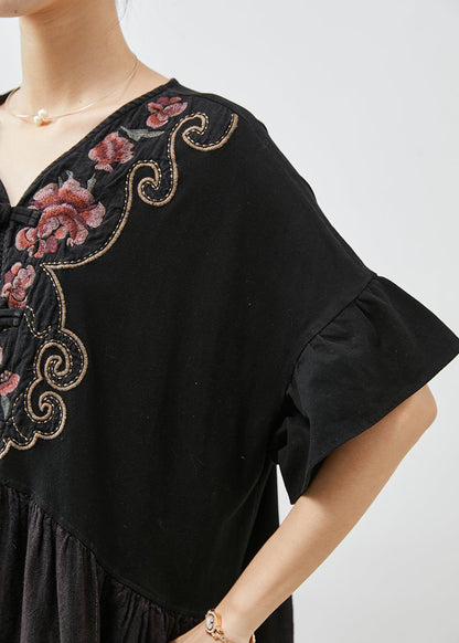 Black Embroidered Patchwork Cotton Long Dress Summer