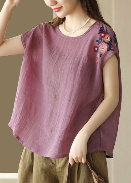 Loose Navy O Neck Embroidered Linen T Shirts Summer
