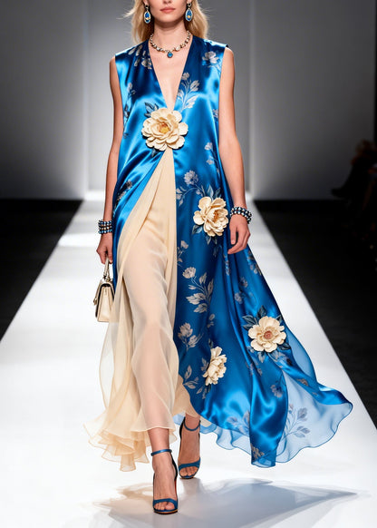 Boutique V Neck Patchwork Chiffon Long Dress Summer