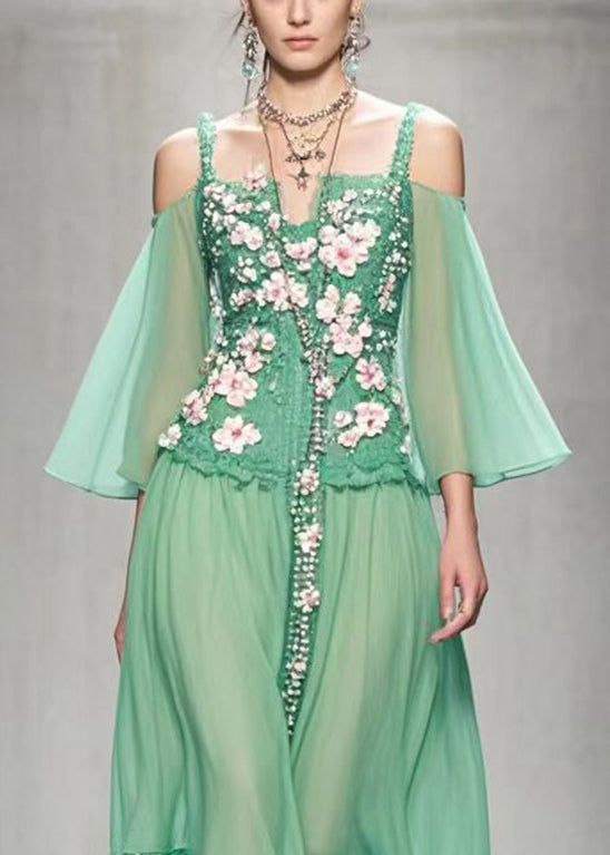 Style Green Cold Shoulder Three-dimensional Chiffon Dress Summer