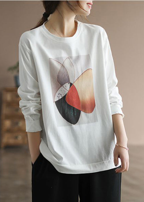Classy White Oversized Print Cotton Pullover Fall