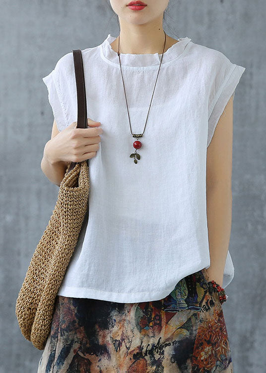 White Drawstring Turtle Neck Linen Tank Short Sleeve