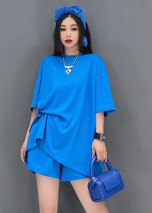 Blue O-neck Backless Cotton Tanks and Shorts Two-piece Set Summer