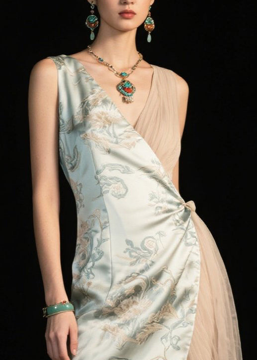 Light Green Asymmetrical Patchwork Silk Pleated Dresses Summer