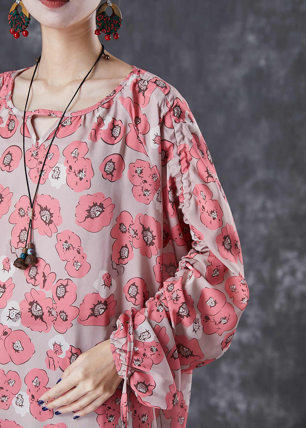 Red Cinched Print Shirt Top Fall