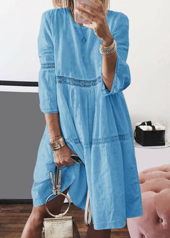 Yellow O-neck Hollow Out Cotton Long Dresses Bracelet Sleeve Summer