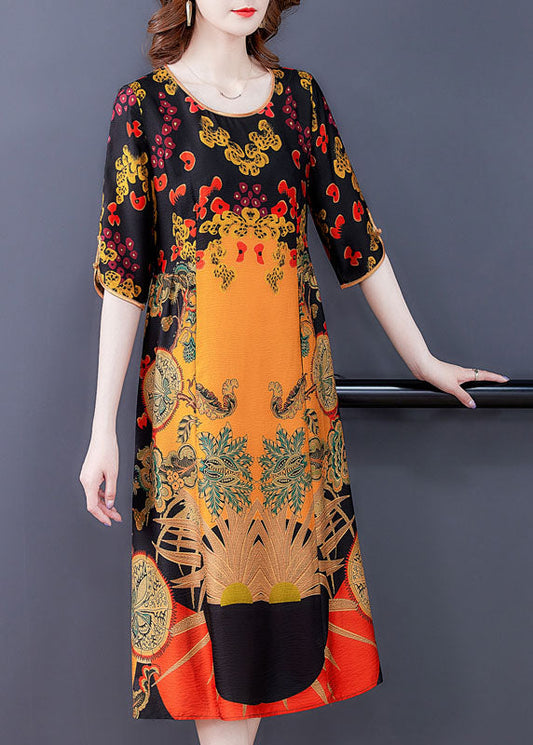 Yellow O-neck Print Silk Dress Half Sleeve