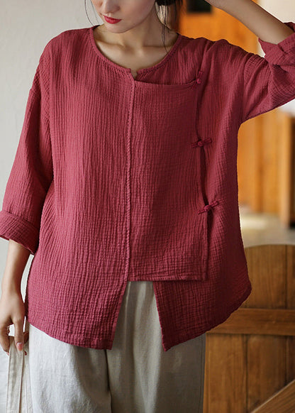 Rust Asymmetrical Button Patchwork Cotton Shirts Fall