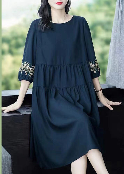 Loose Navy O-neck Embroidered Cotton Dresses Bracelet Sleeve Summer