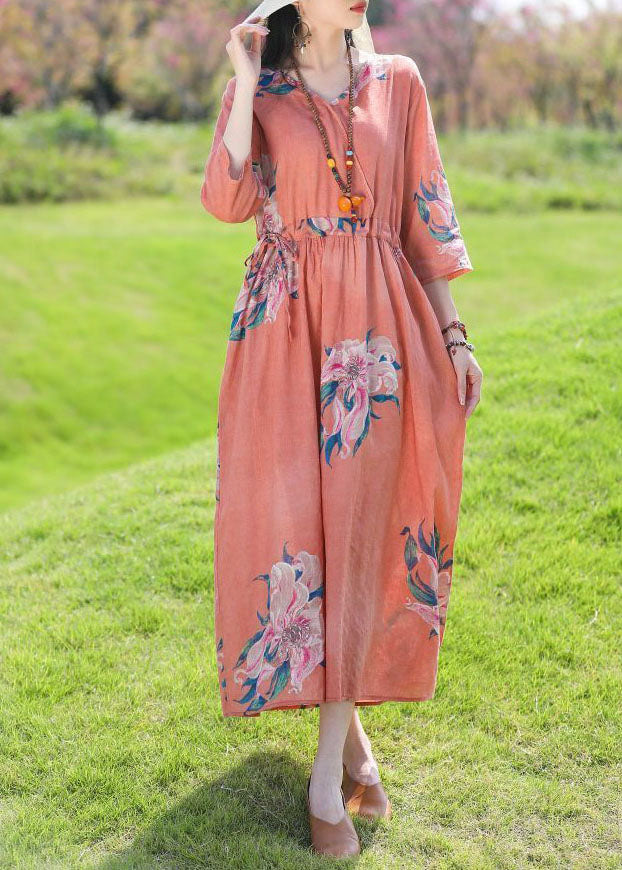 Red V Neck Print Cinched Patchwork Linen Dress Summer