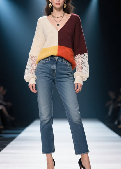 Colorblock V Neck Lace Patchwork Knit Sweater Fall