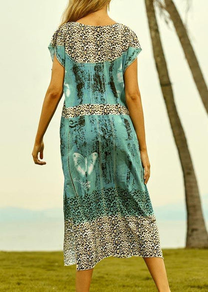 Green Leopard V Neck Side Open Kimono Robe Maxi Dresses