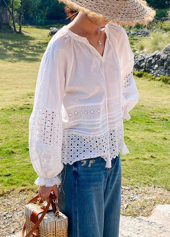 White Hollow Out Lace Up Cotton Shirt Butterfly Sleeve