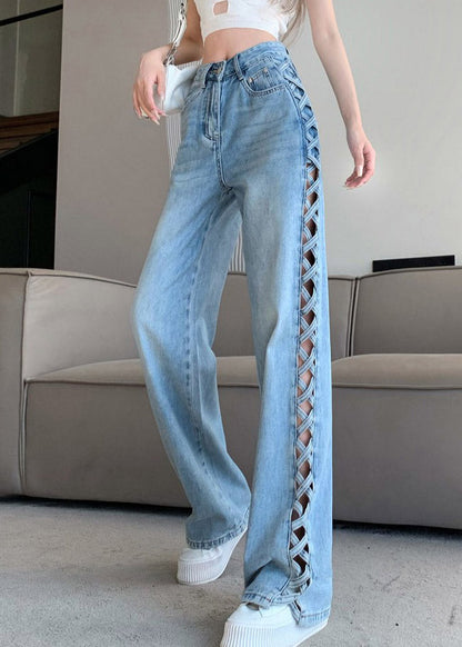 Fitted Light Blue High Waist Hollow Out Wide Leg Jeans Fall