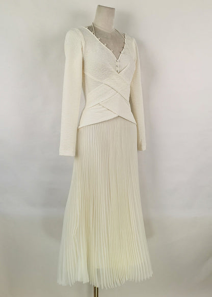 White V Neck Wrinkled Patchwork Cotton Long Dress Fall