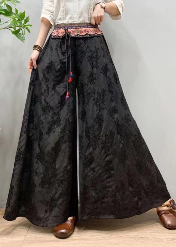 Black Embroidered Patchwork Silk Wide Leg Pants Spring