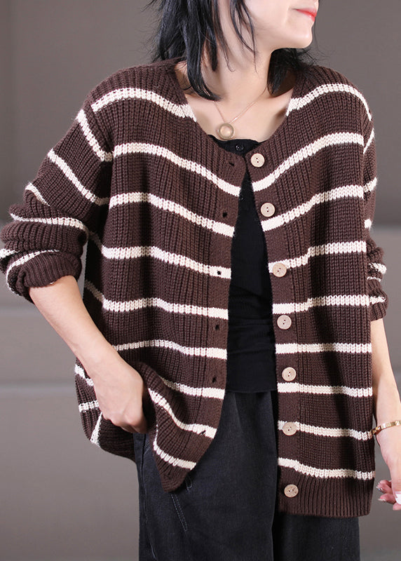 Handmade Black O-neck Striped Button Knit Sweaters Coats Fall