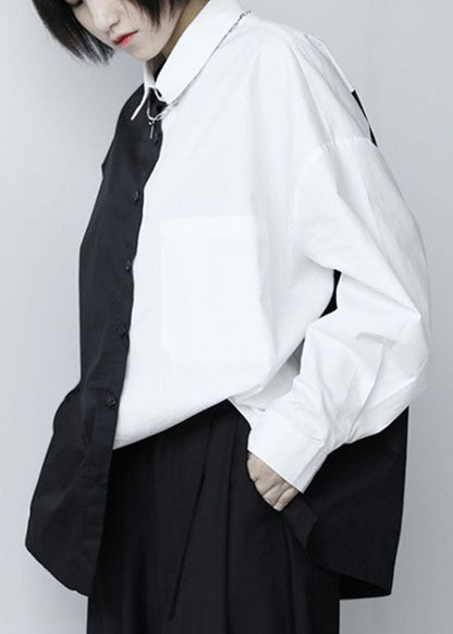 French Black Patchwork White Button Fall Long Sleeve Shirt Tops