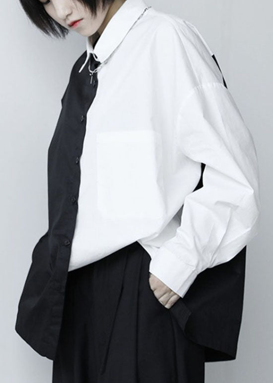 French Black Patchwork White Button Fall Long Sleeve Shirt Tops