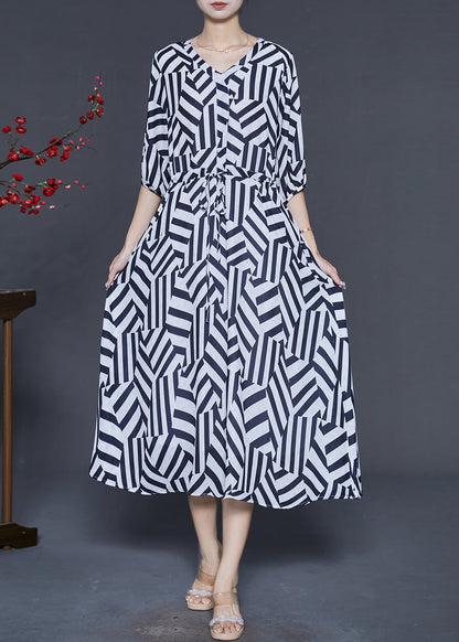 Black Cinched Striped Chiffon Dress Summer