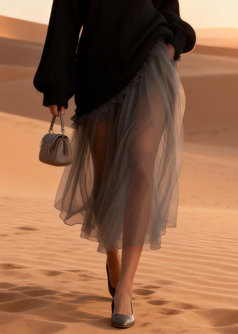 Black Turtleneck Knitted Cotton Patchwork Tulle Long Dresses Spring