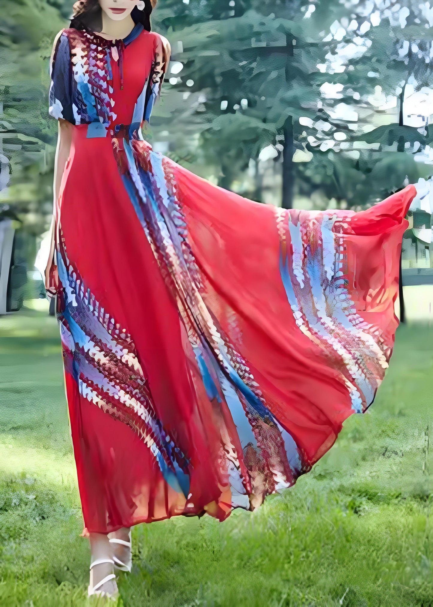Red O Neck Print Chiffon Long Dress Summer