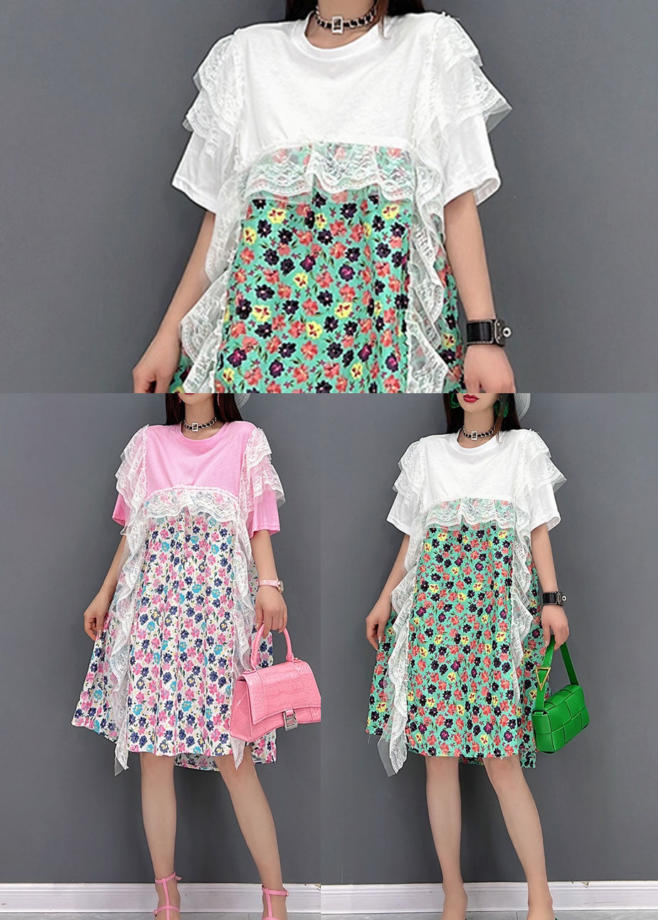 Green Print Lace Patchwork Party Dress O-neck Short Sleeve
