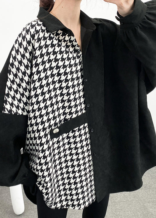 Black Asymmetrical Button Patchwork Cotton Shirt Batwing Sleeve
