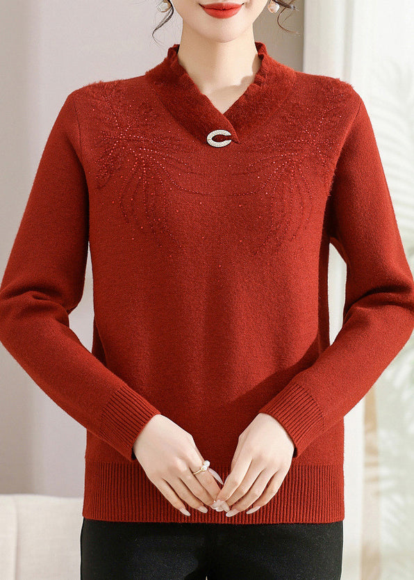 Handmade Beige V Neck Zircon Thick Knitted Cotton Sweater Fall