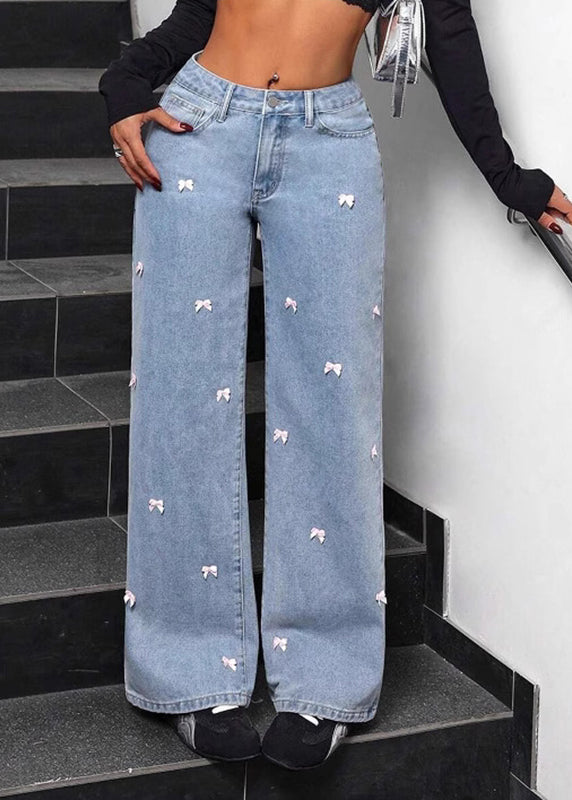 Blue Pockets Bow Wide Leg Jeans Fall