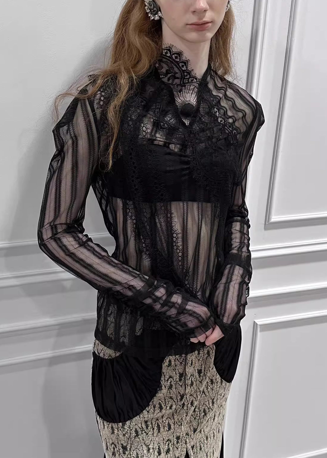Black Stand Collar Lace Tulle Top Long Sleeve