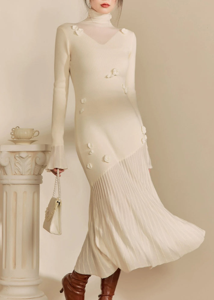 White Hign Neck Patchwork Slim Fit Knit Sweater Dress Fall