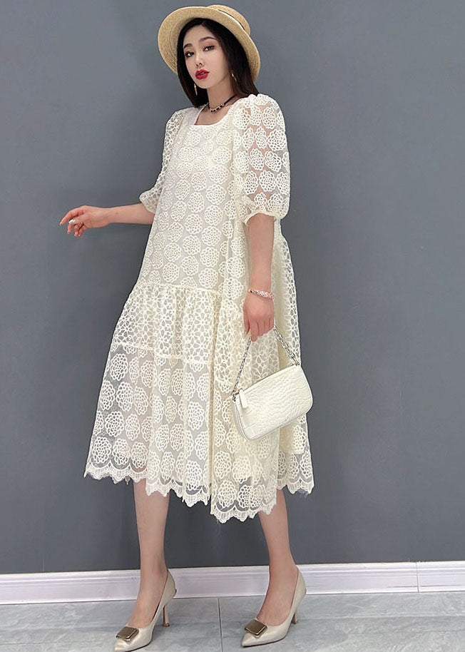 Boutique White O-neck Patchwork Lace Long Dress Half Sleeve