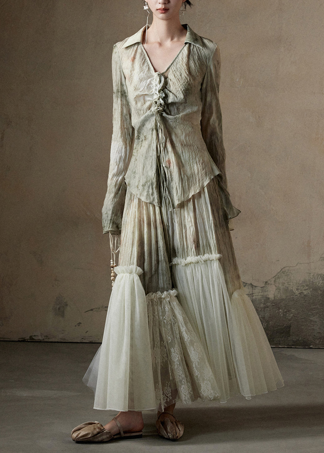 Print Tulle Patchwork Shirt and Skirts Cotton Two Pieces Set Fall