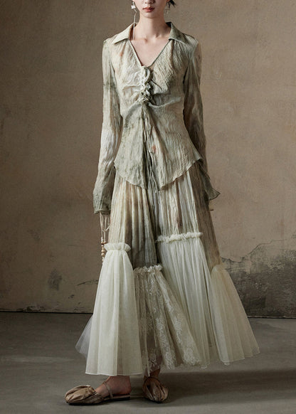 Print Tulle Patchwork Shirt and Skirts Cotton Two Pieces Set Fall