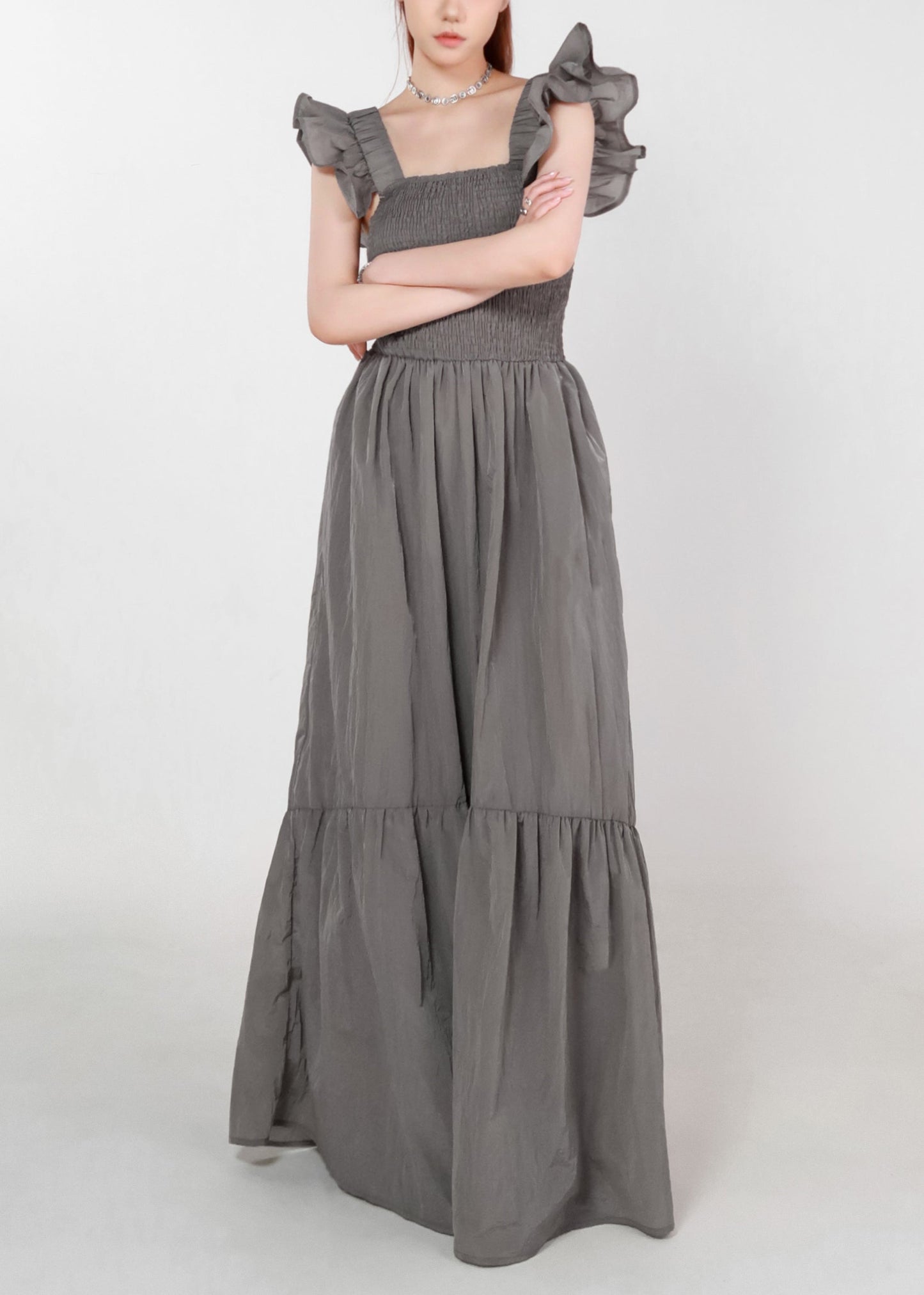 Grey Pockets High Waist Cotton Long Dress Summer