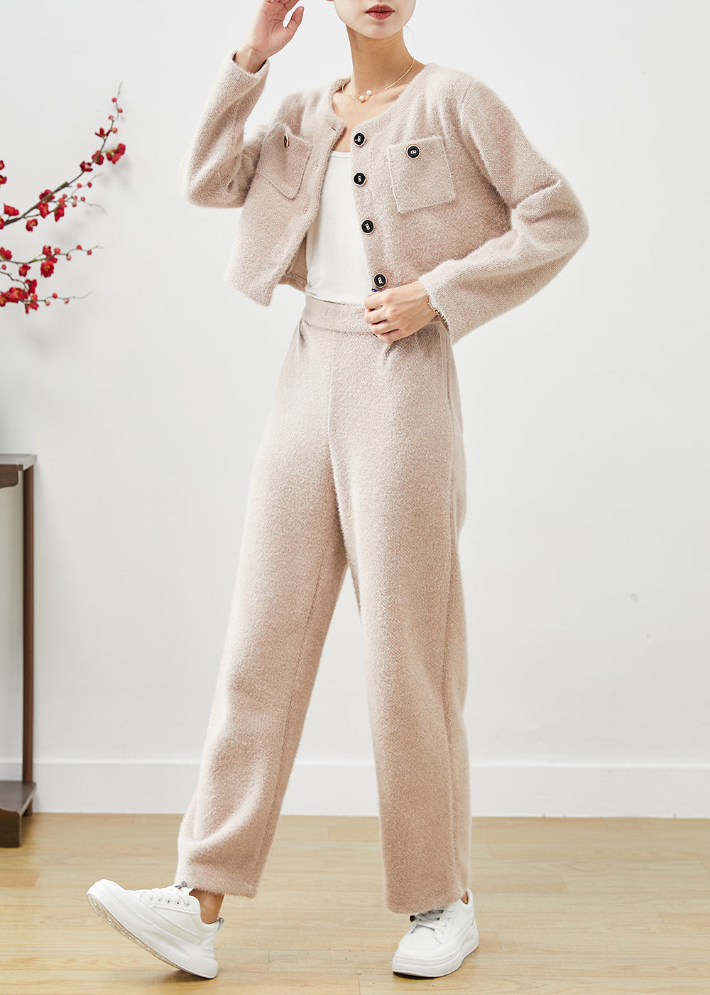 Khaki Silm Fit Warm Fluffy Two Pieces Set Fall