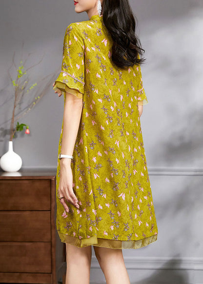 Boutique Yellow Mandarin Collar Print Tulle Patchwork Silk Dresses Flare Sleeve