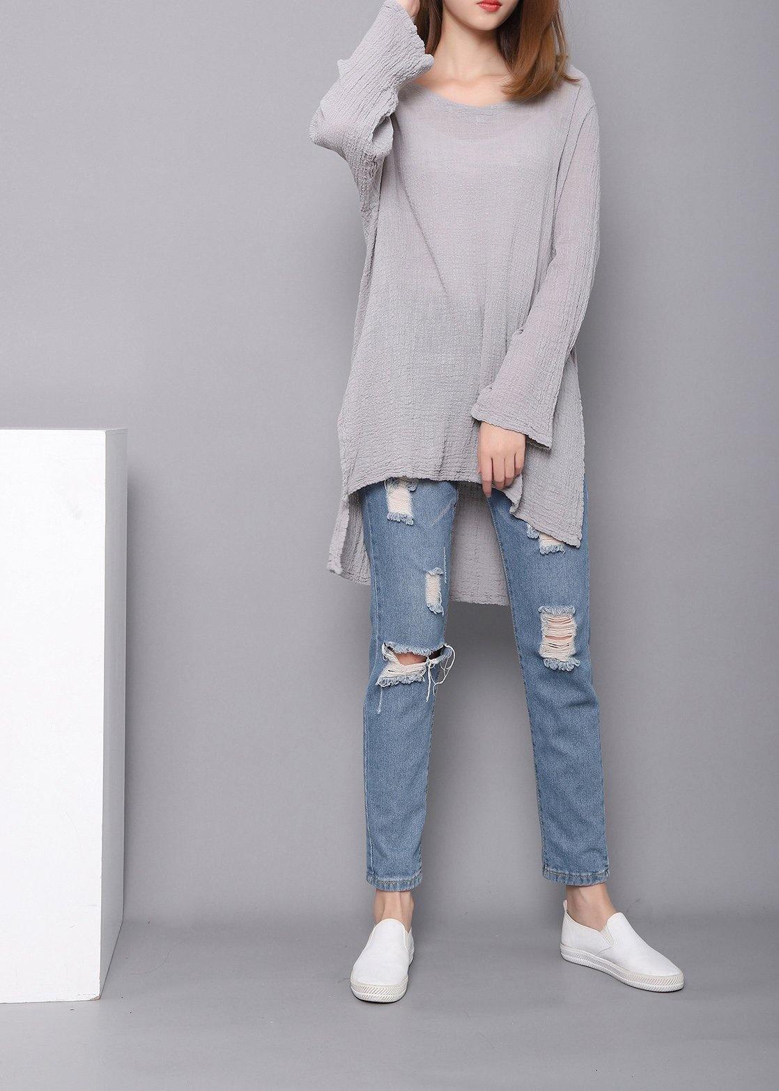 Gray U Neck Low High Design Linen Shirts Spring