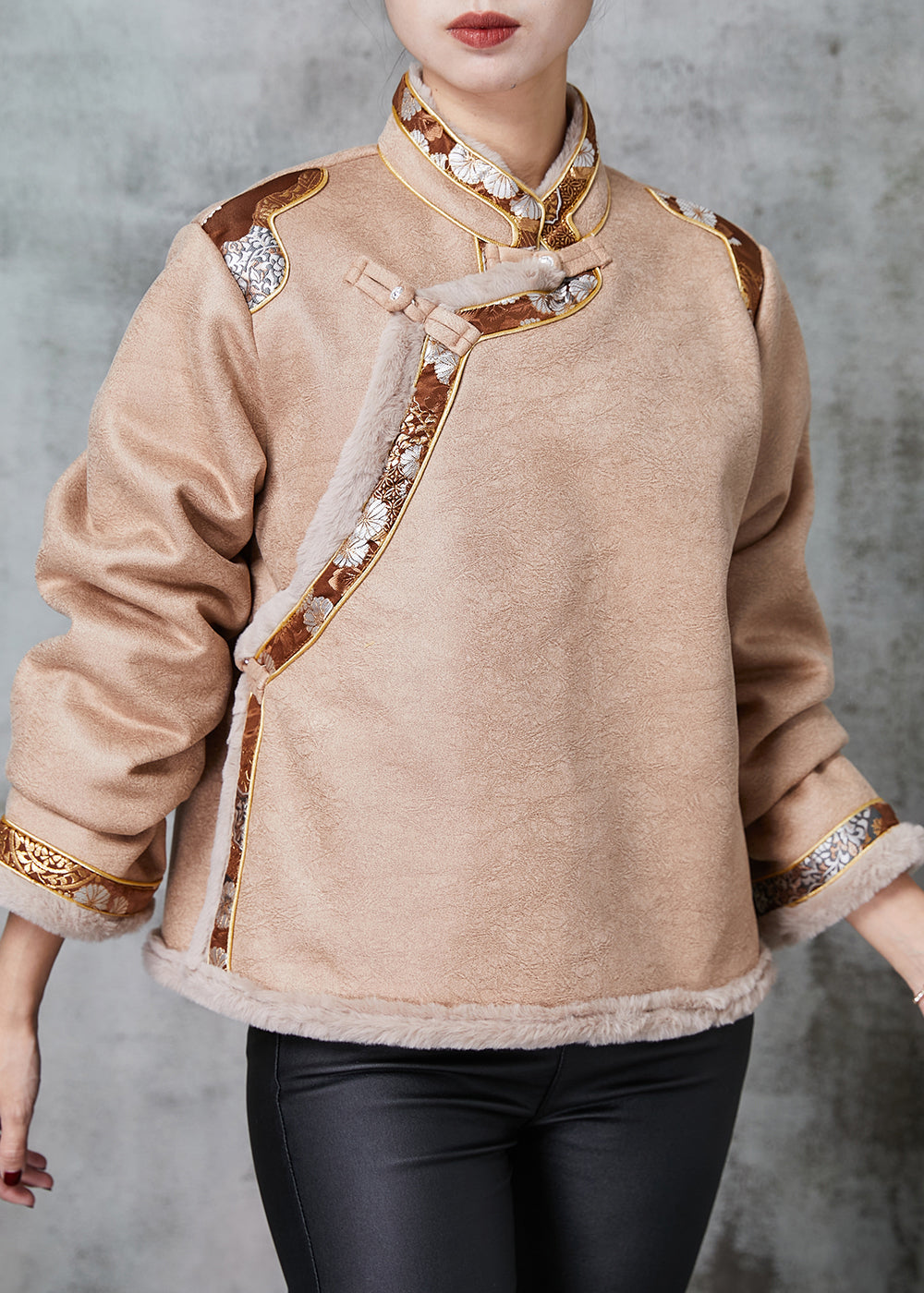 Khaki Chinese Button Patchwork Warm Fleece Coats Spring
