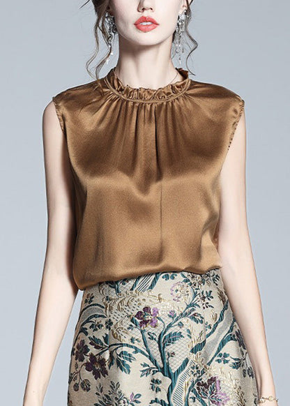 Handmade Coffee Stand Collar Silk Tops Summer