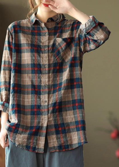 Diy Blue Plaid Blouses for Lapel Pockets Art Spring Tops