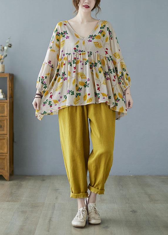 Yellow Ruffles Print Batwing Sleeve Cotton Linen Top