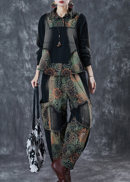 Black Tie Dye Patchwork Print Denim Two Pieces Set Fall