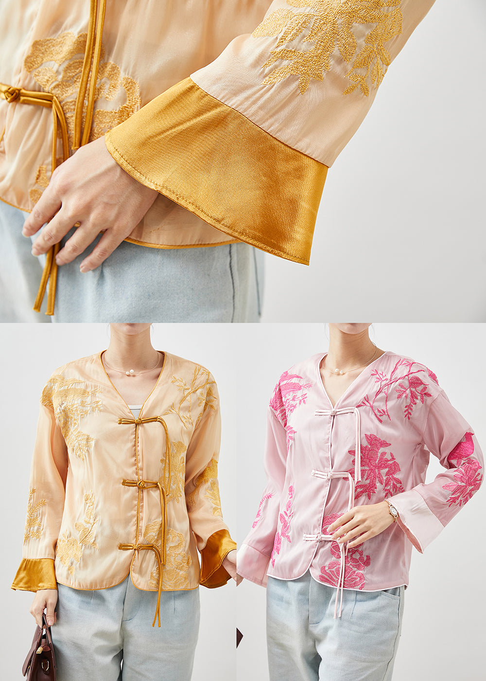 Pink Silk Blouse Tops Embroideried Tasseled Fall