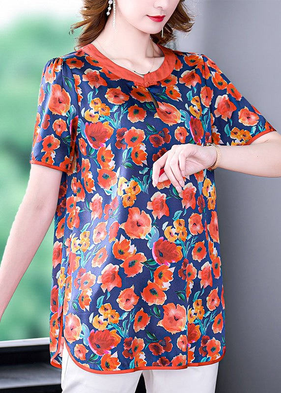 Boutique Red O-neck Oriental Button Print Silk Tank Short Sleeve