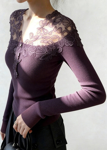 Purple Lace Patchwork Knit Knitted Tops V Neck Spring