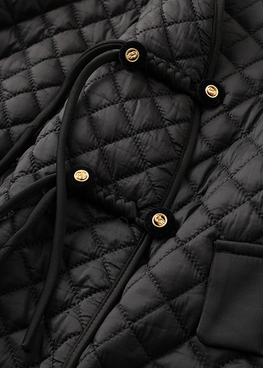 Black V Neck Button Thin Cotton Filled Coat Spring