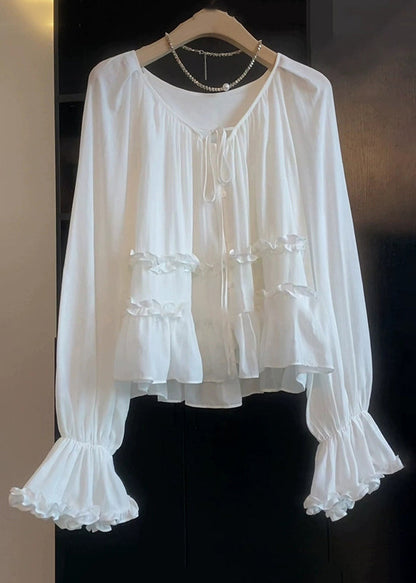 White Lace Up Ruffled Cotton Shirt Top Flare Sleeve